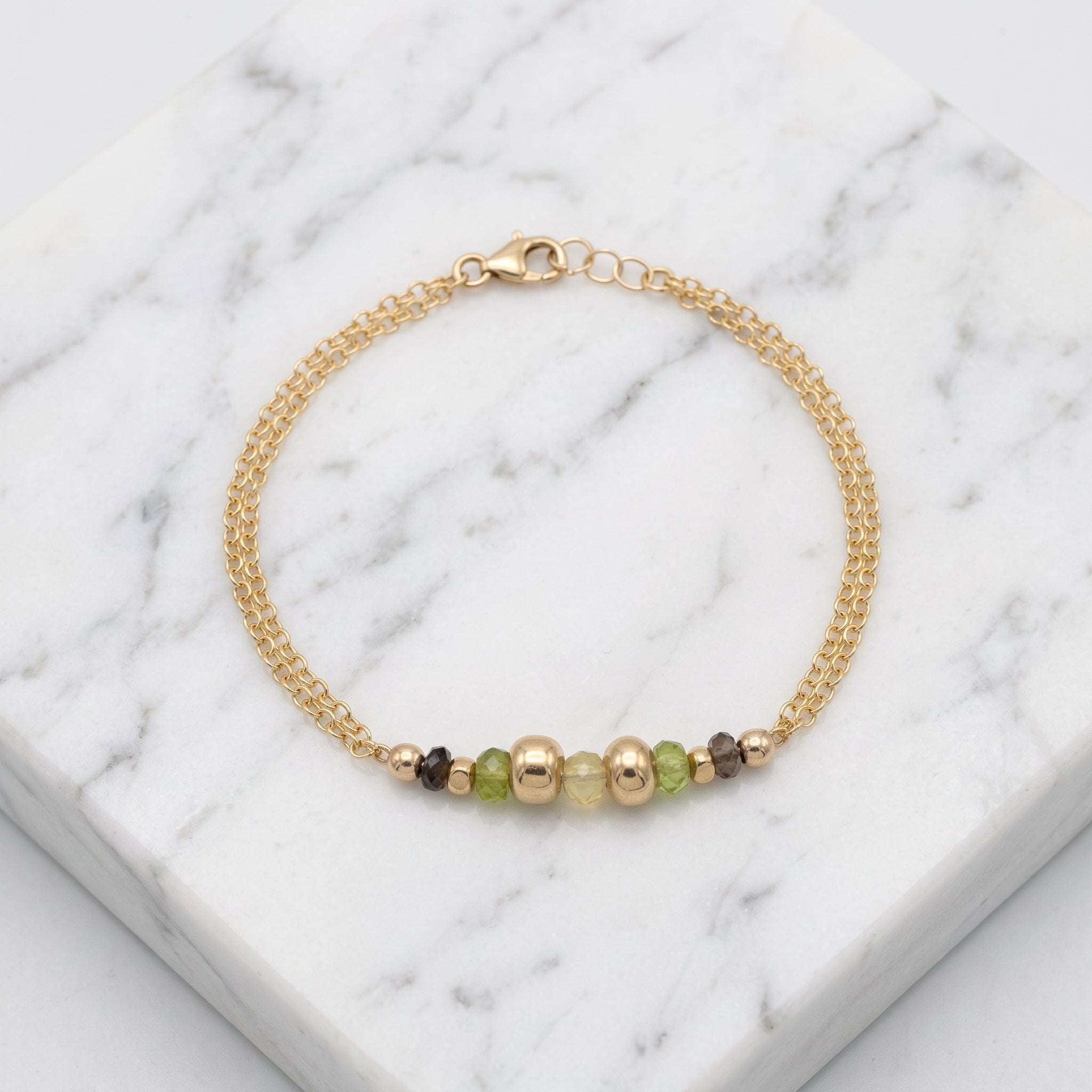 Peridot Smoky Quartz Gold Bead Bracelet