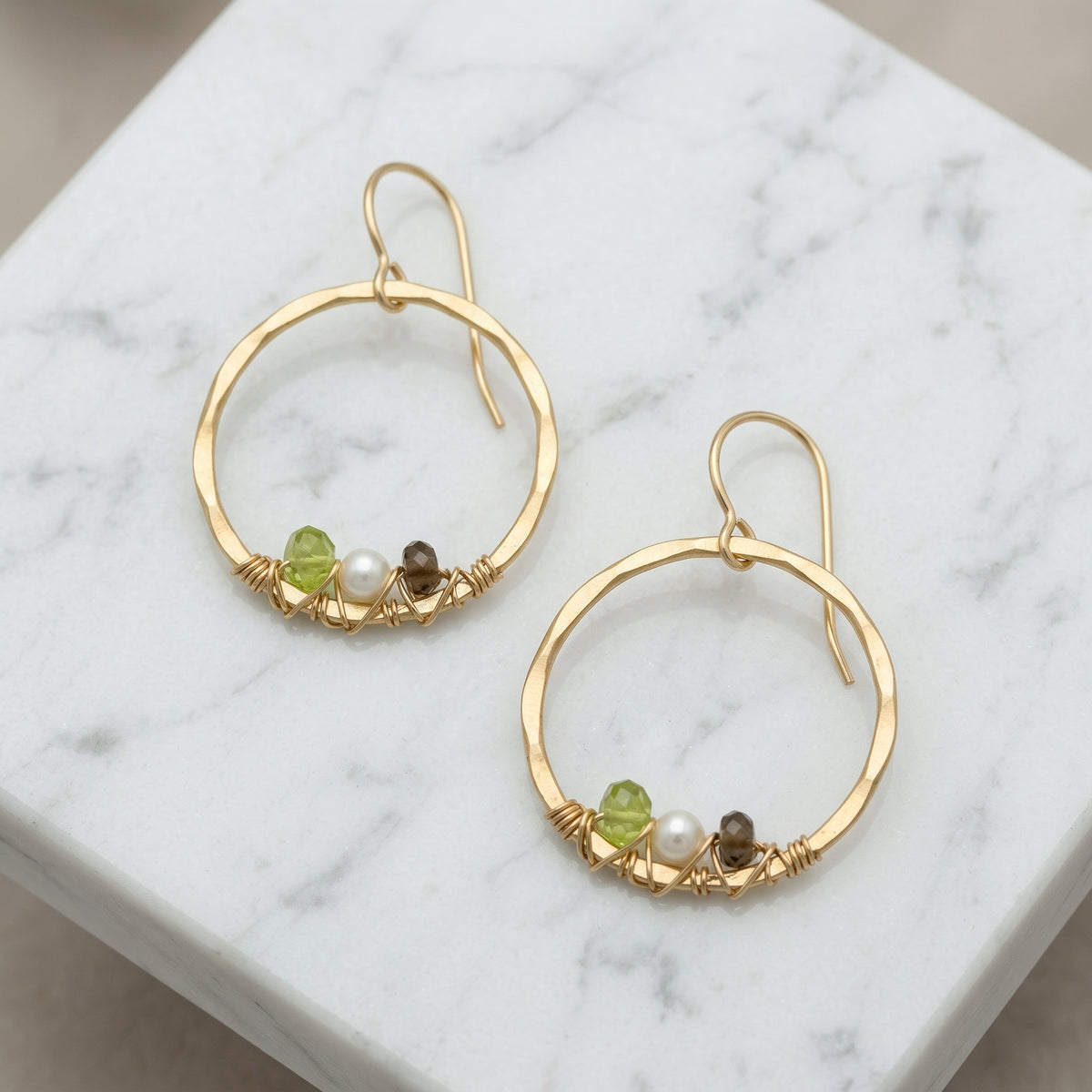 Peridot Pearl Smoky Quartz Hoop Earrings
