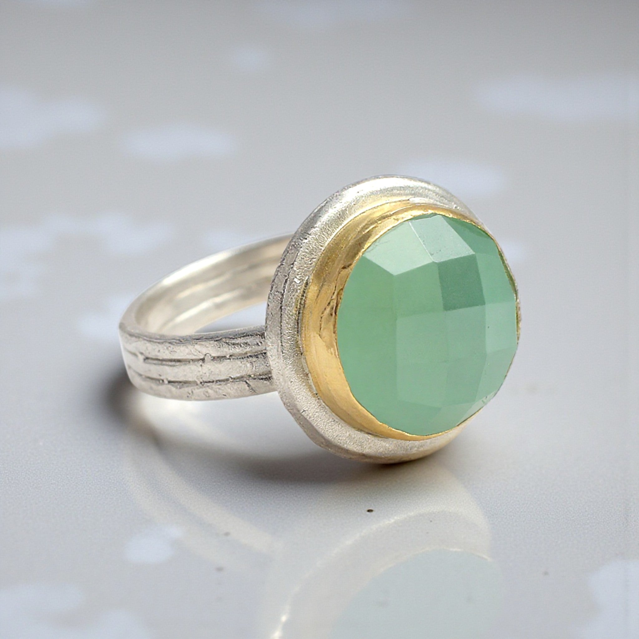 Faceted Round Aqua Chalcedony Ring