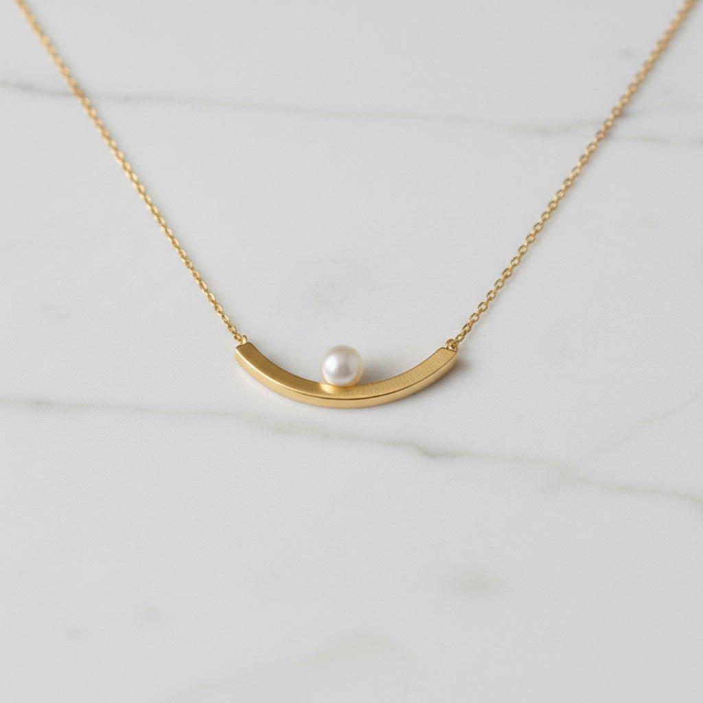 Curved Gold Bar Pearl Necklace - Necklaces