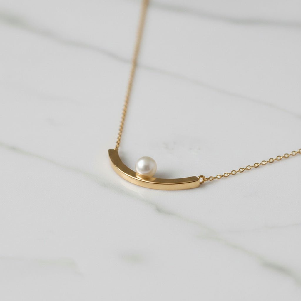 Curved Gold Bar Pearl Necklace - Necklaces