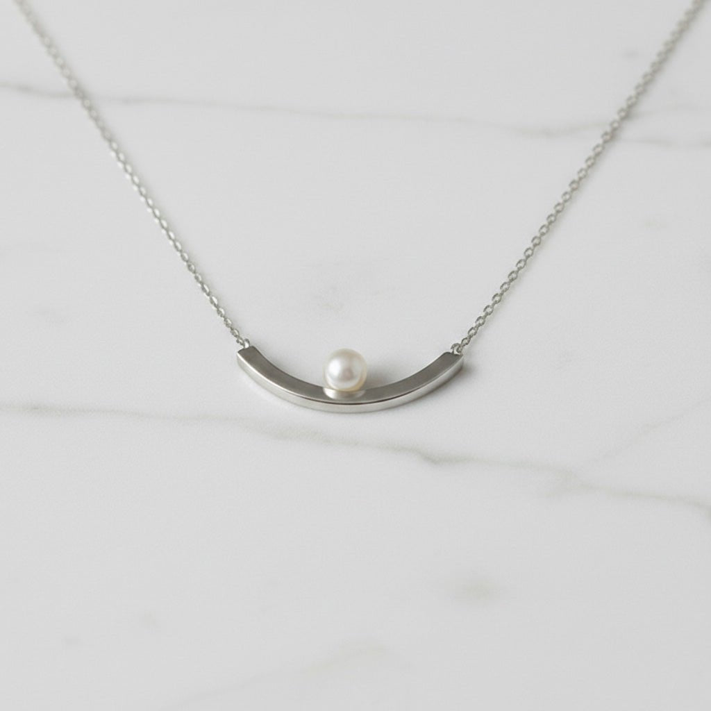 Curved Silver Bar Pearl Necklace - Necklaces