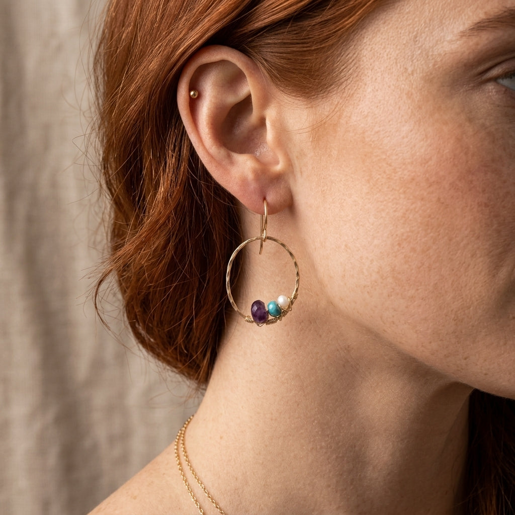 Amethyst Turquoise Pearl Hoop Earrings
