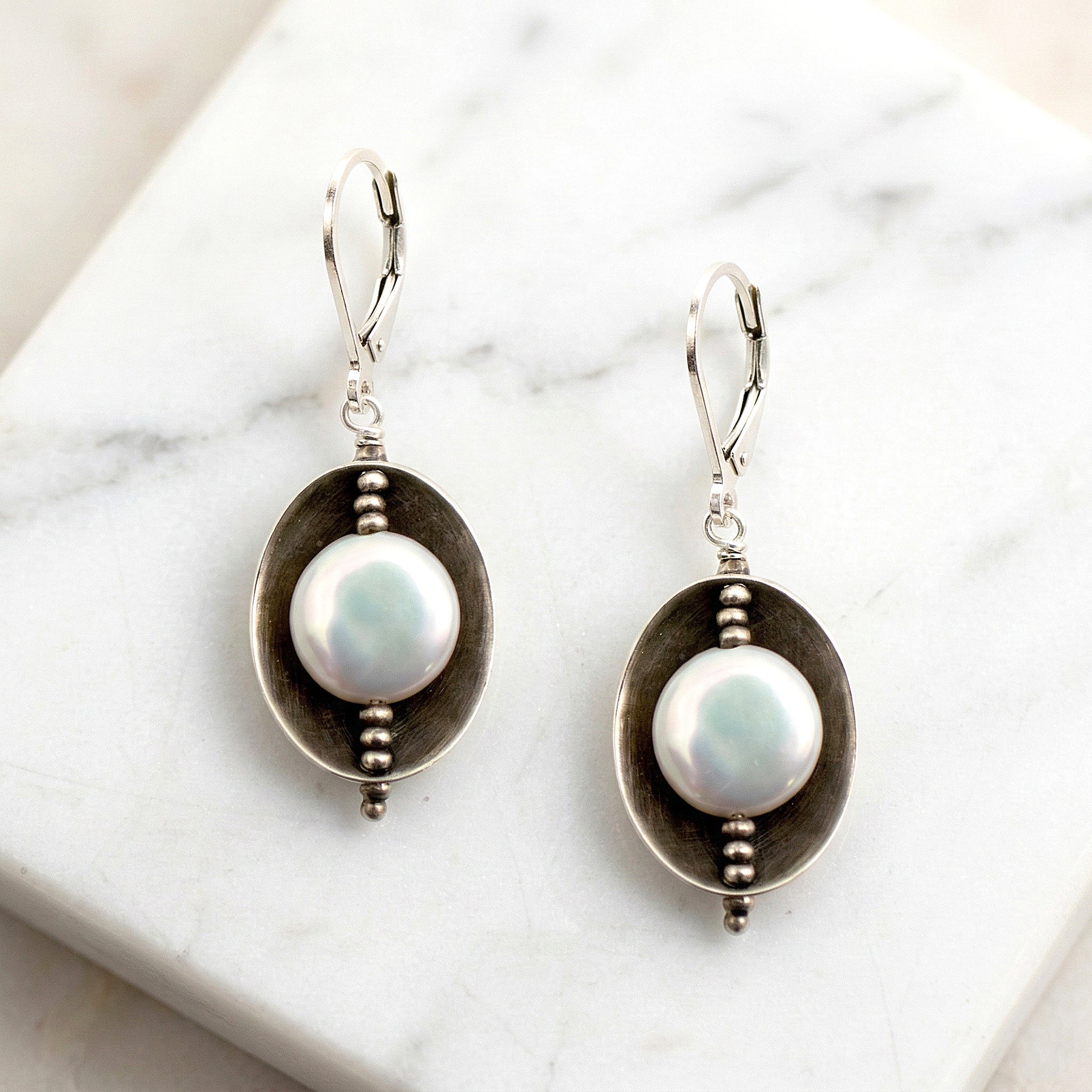 Oxidized Cup Pearl Earrings - Earrings