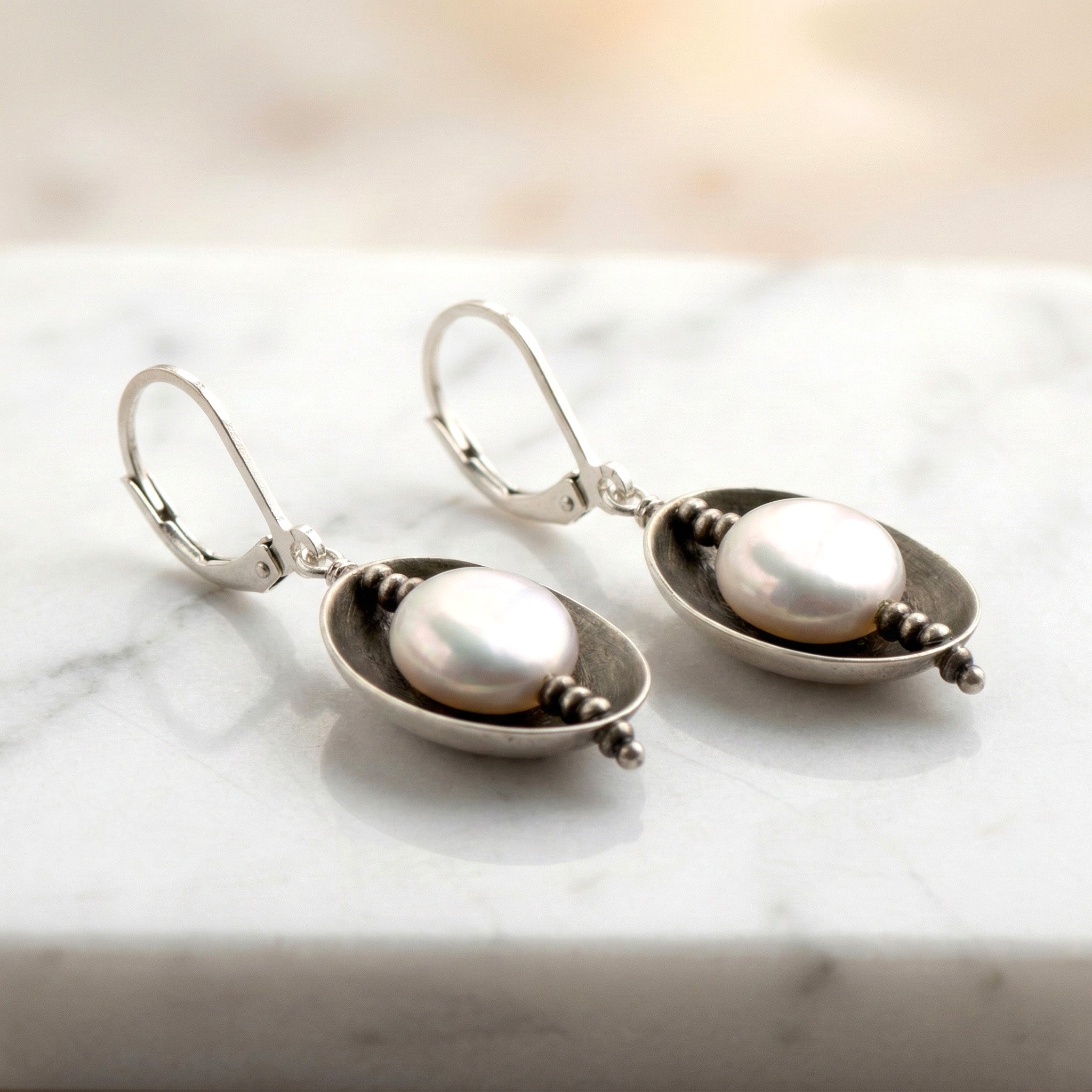 Oxidized Cup Pearl Earrings - Earrings