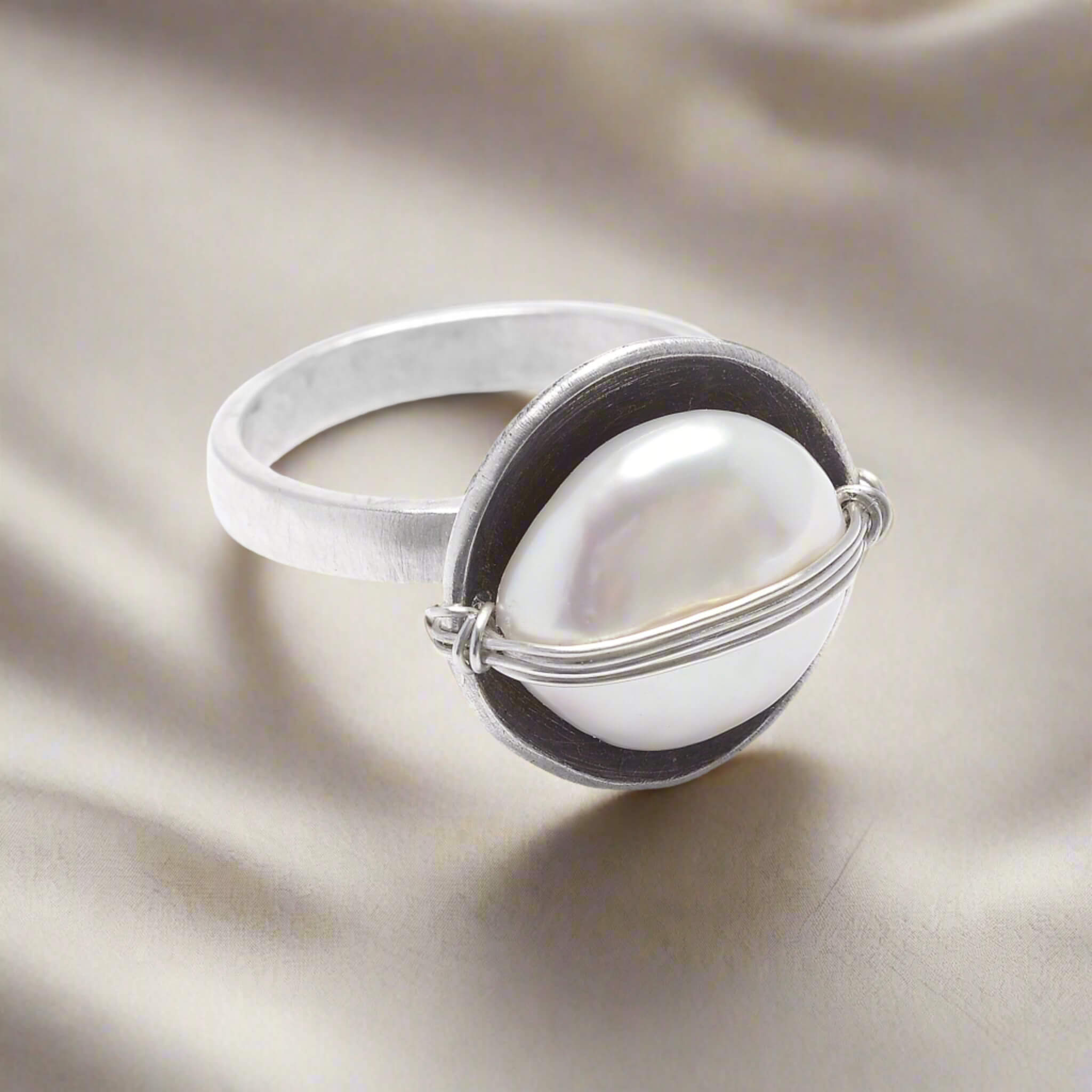 Sterling Cupped Pearl Ring - Rings