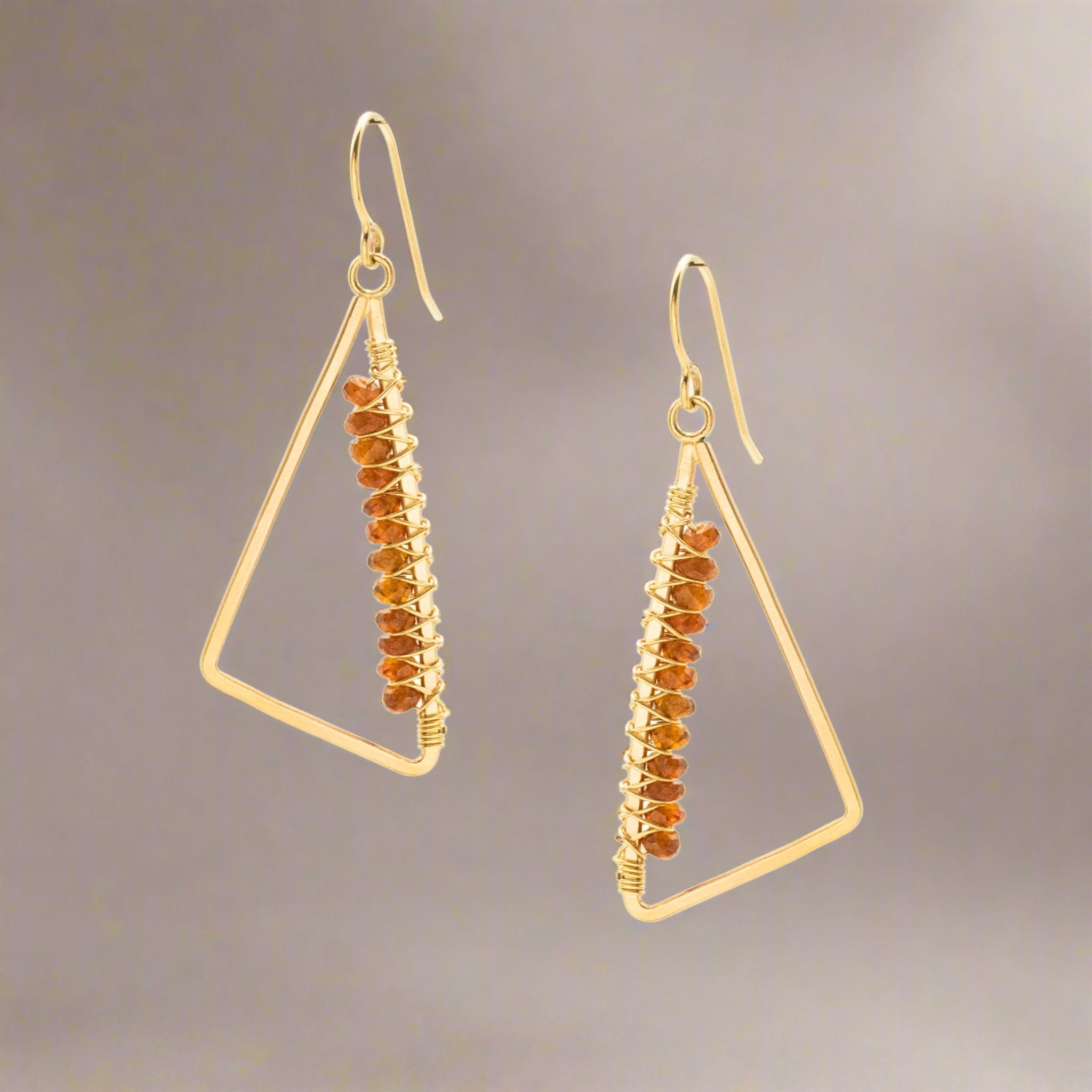 Sunset Triangle Earrings 14K Gold Garnet 1.5