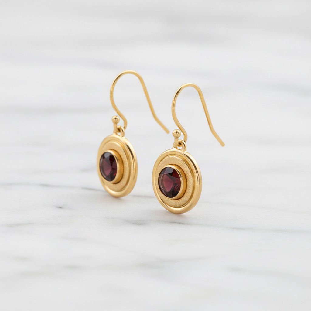 Textured Halo Garnet Earrings - Earrings