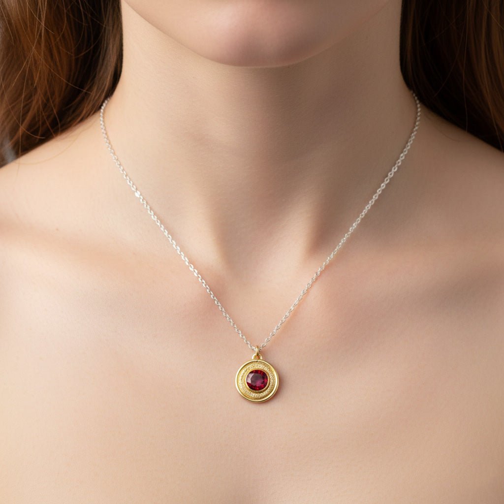 Textured Halo Garnet Necklace - Necklaces