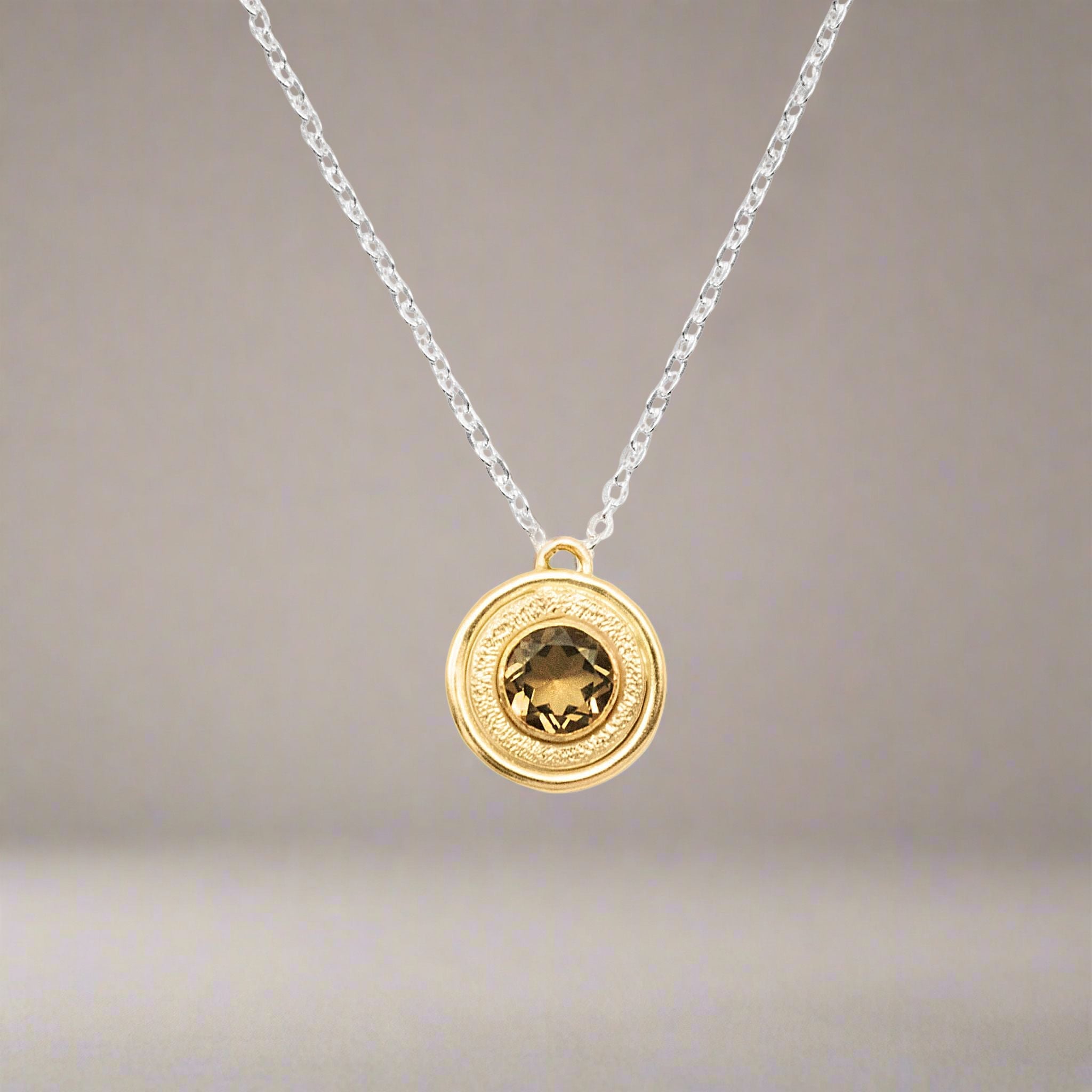 Textured Halo Smoky Quartz Necklace - Necklaces