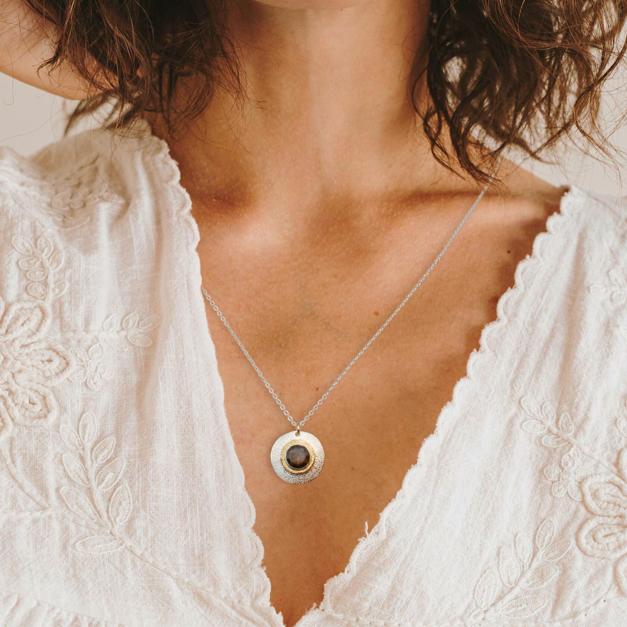 Textured Silver Gold Medallion Necklace - Necklaces