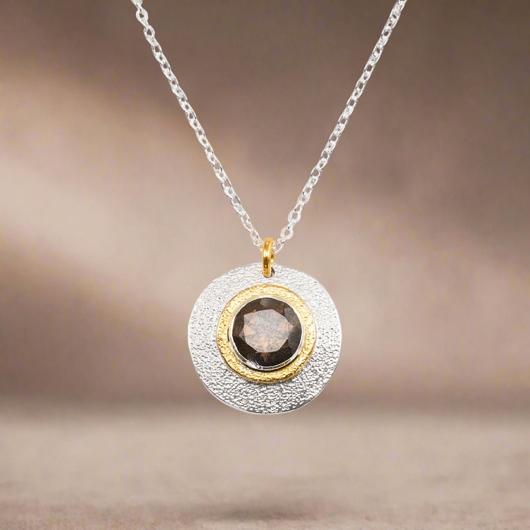 Smoky Quartz Medallion Pendant Necklace | Gold + Silver | J+I