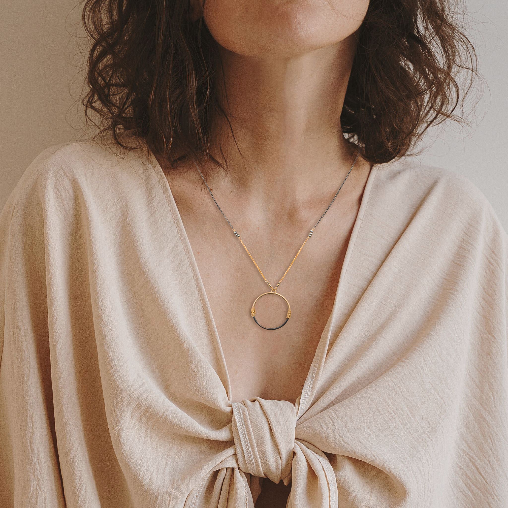 Two - Tone Circle Pendant Necklace - Necklaces