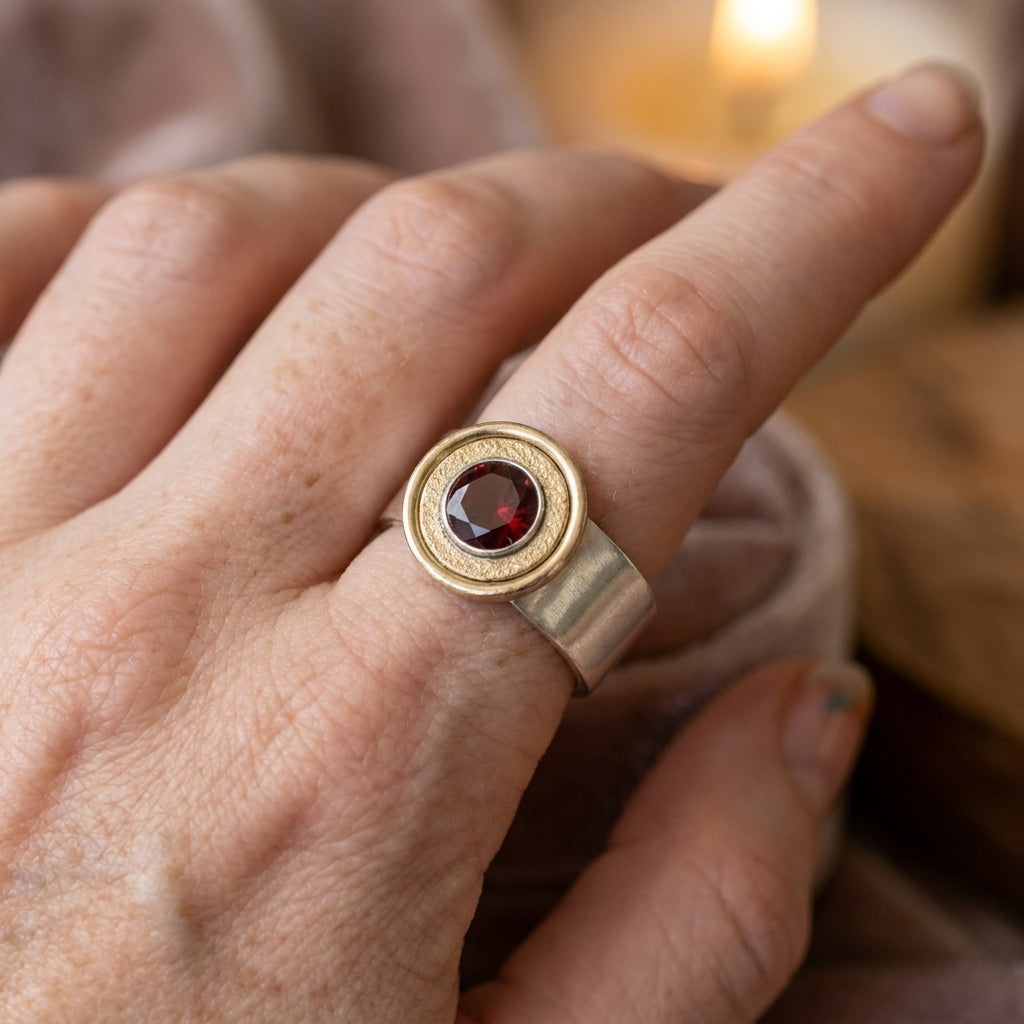 Textured Halo Garnet Ring