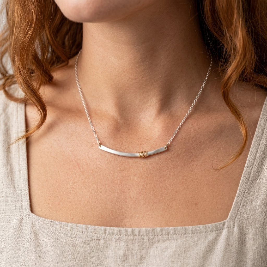 Mixed Metal Wrapped Bar Necklace