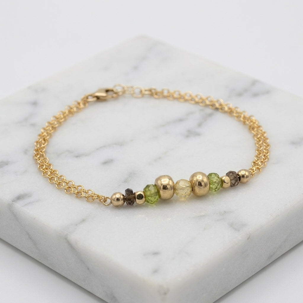 Peridot Smoky Quartz Gold Bead Bracelet