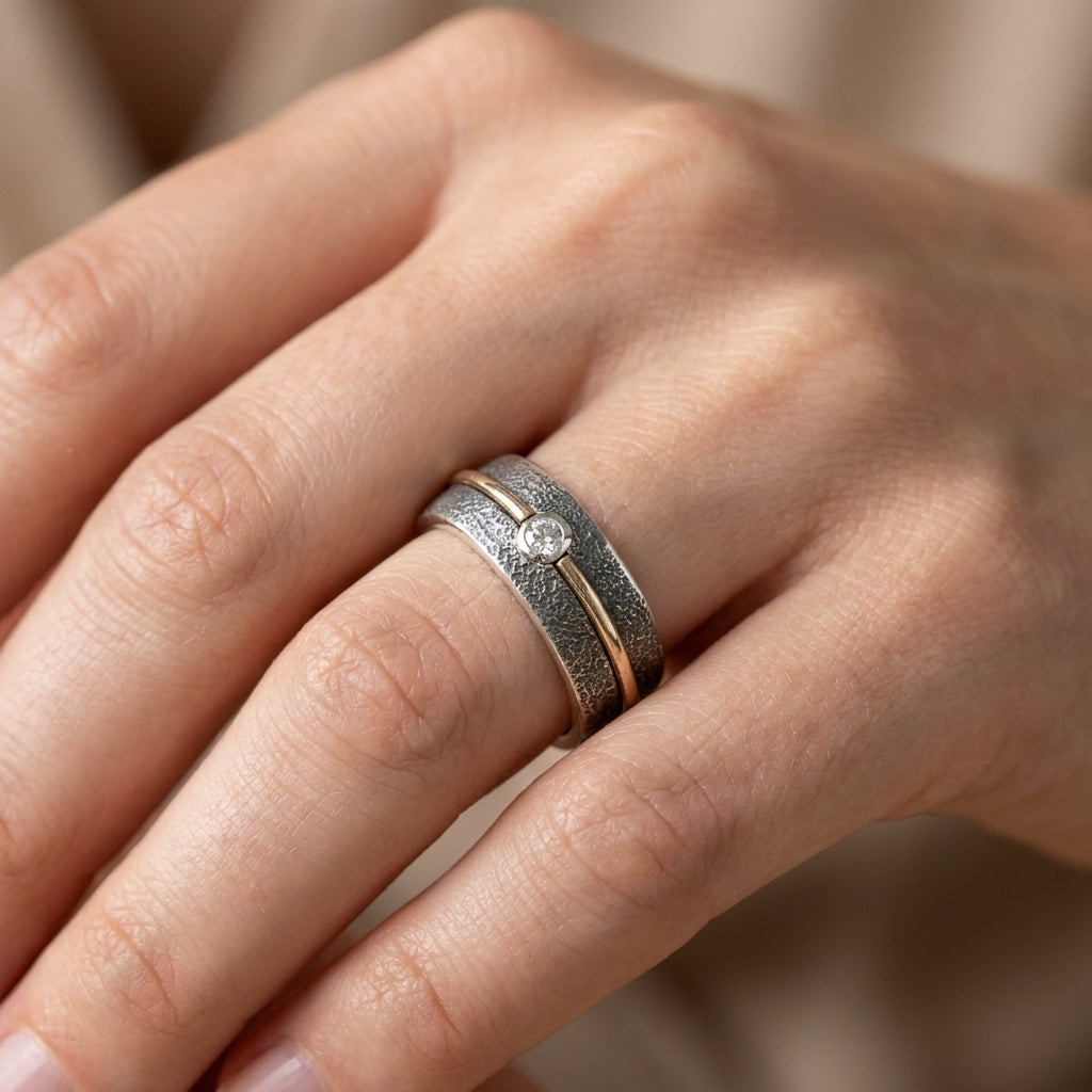 Gold Stripe Diamond Wide Band Ring