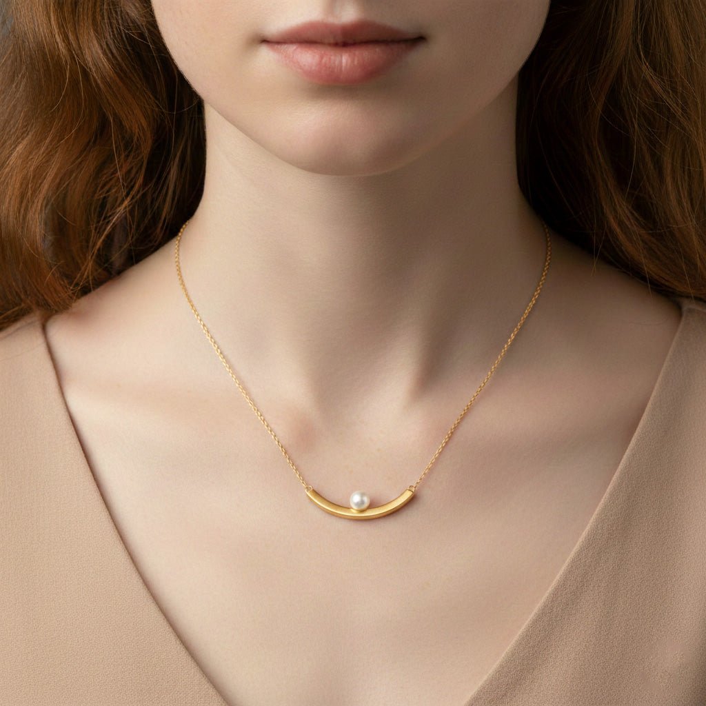 Curved Gold Bar Pearl Necklace - Necklaces