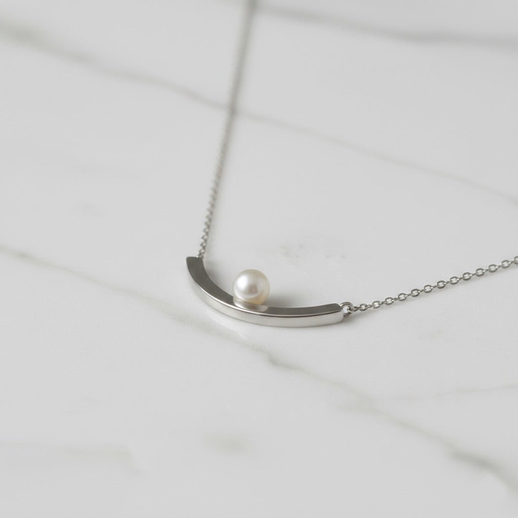 Curved Silver Bar Pearl Necklace - Necklaces
