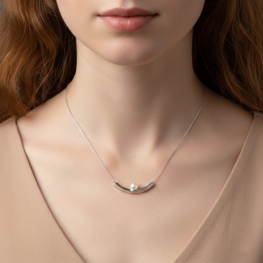 Curved Silver Bar Pearl Necklace - Necklaces