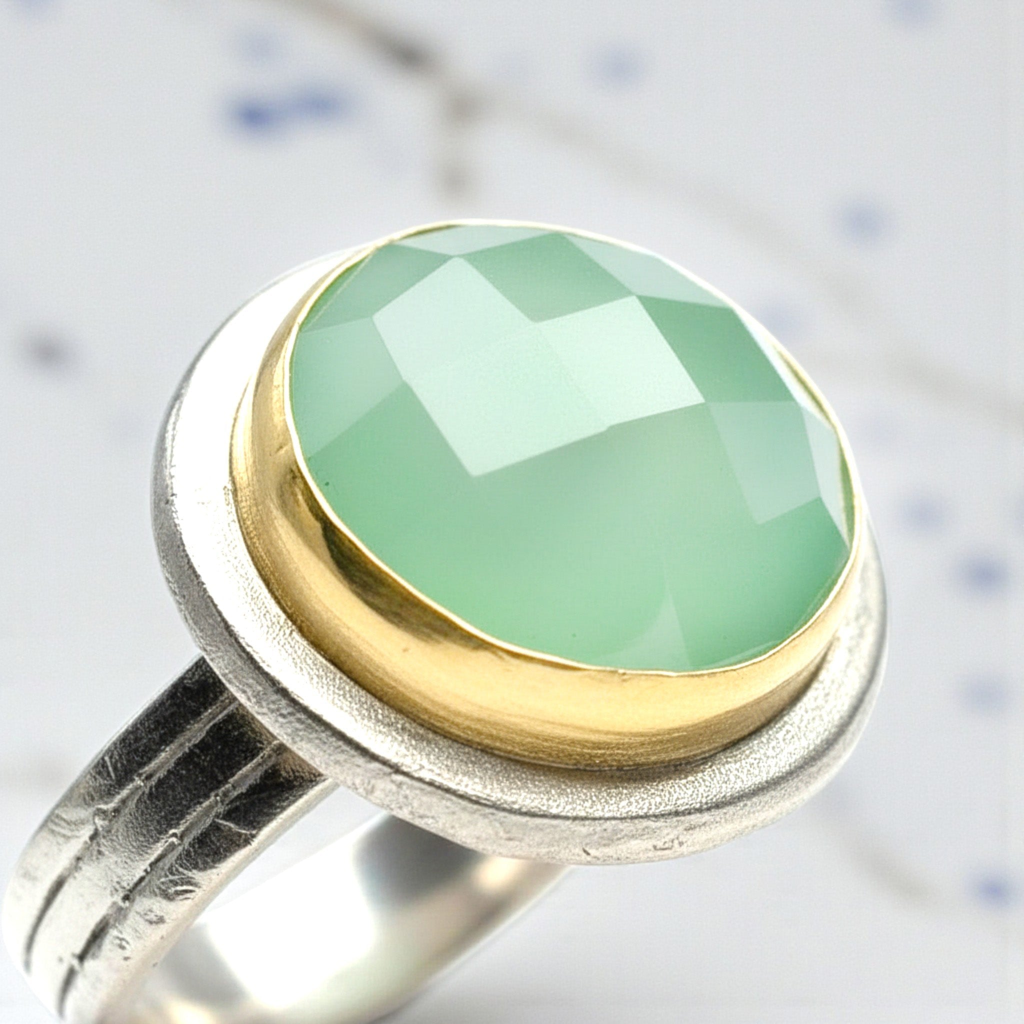 Faceted Round Aqua Chalcedony Ring - Rings