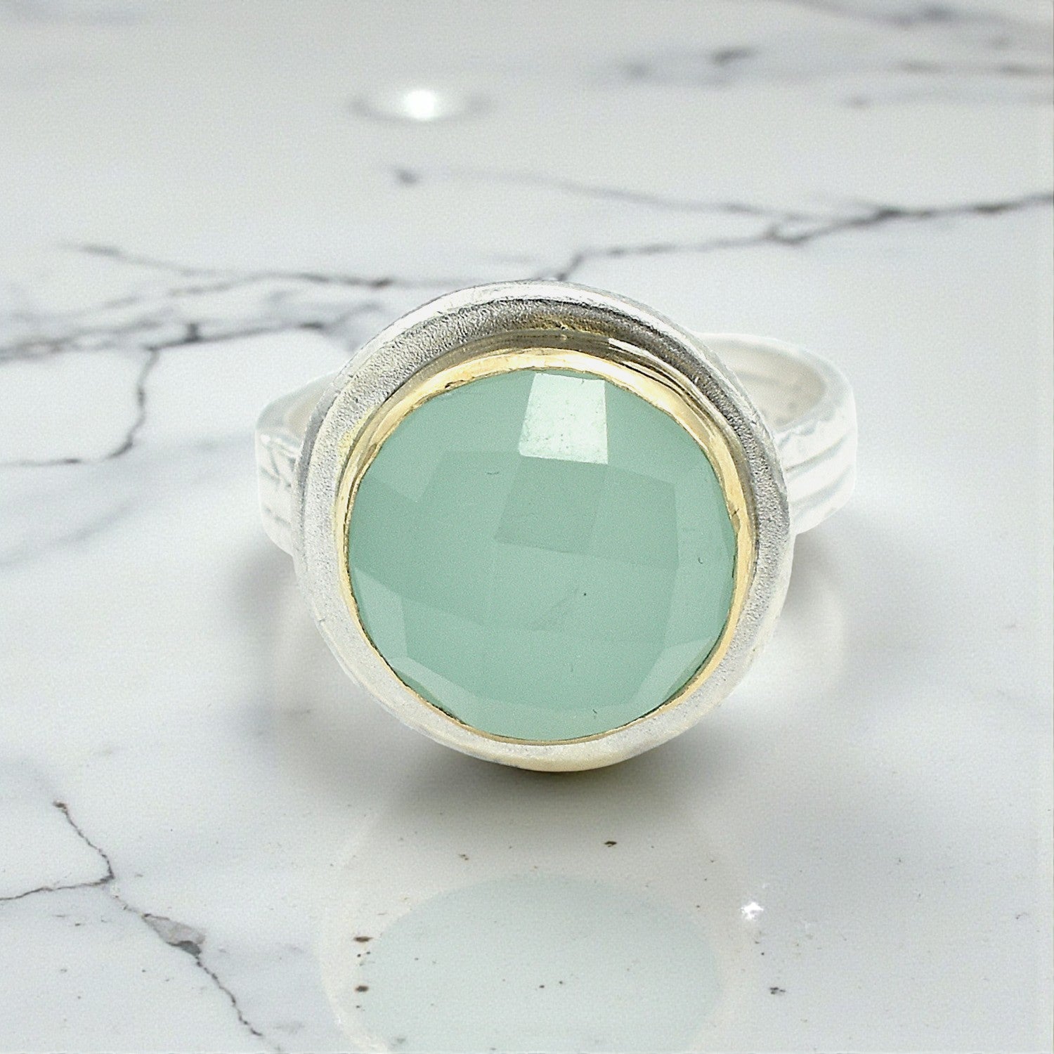 Faceted Round Aqua Chalcedony Ring - Rings