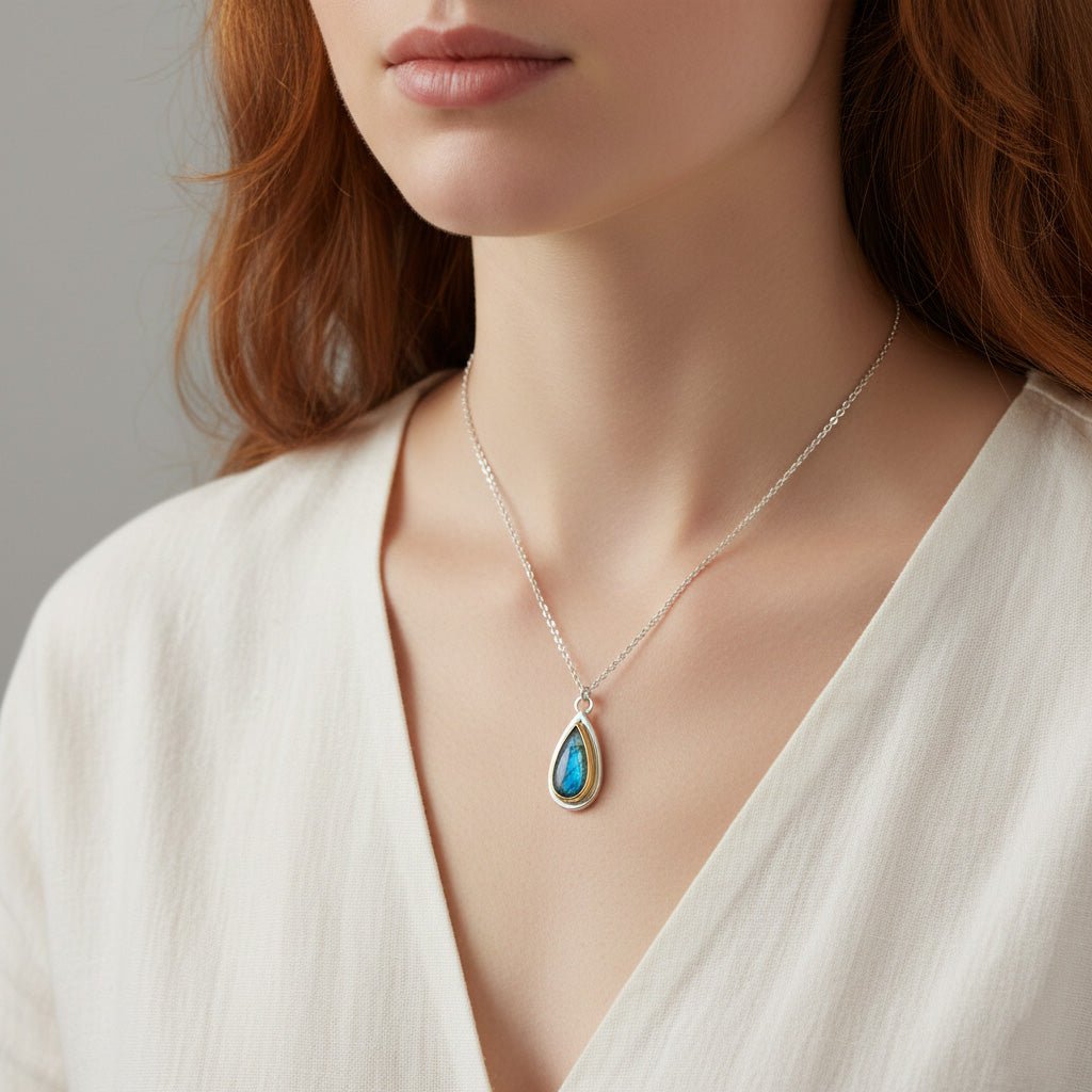 Labradorite Teardrop Mixed Metal Necklace - Necklaces
