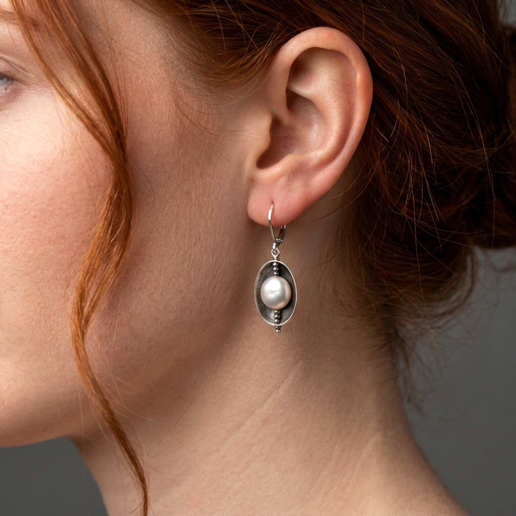 Oxidized Cup Pearl Earrings - Earrings