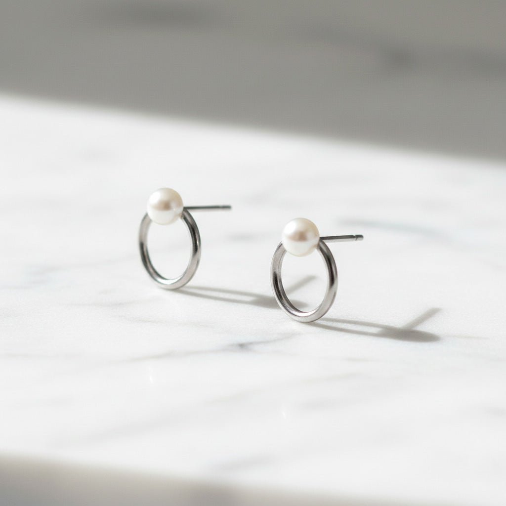 Silver Circle Pearl Earrings - Earrings