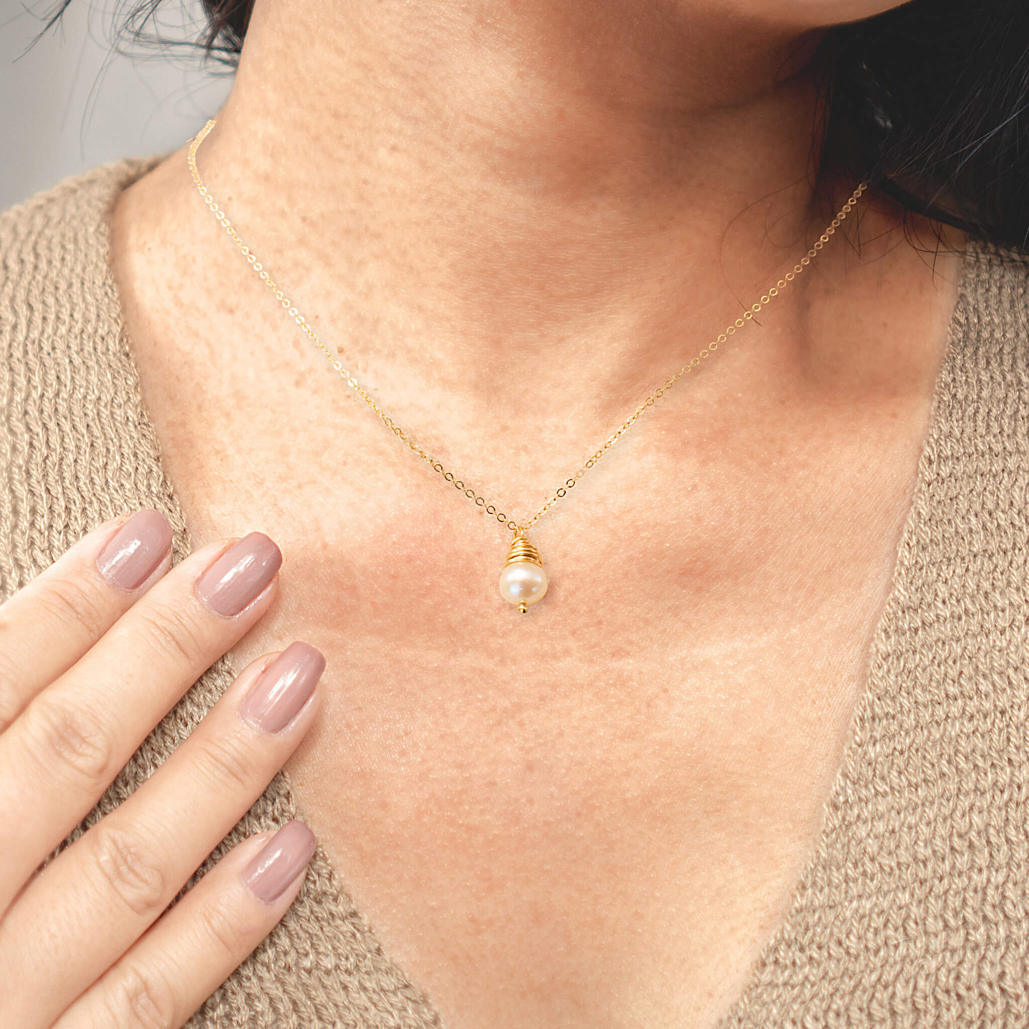 Simple Gold Wrapped Pearl Necklace - Necklaces