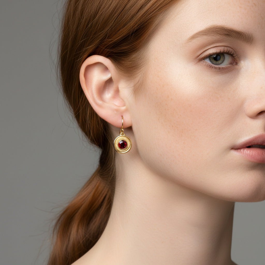 Textured Halo Garnet Earrings - Earrings