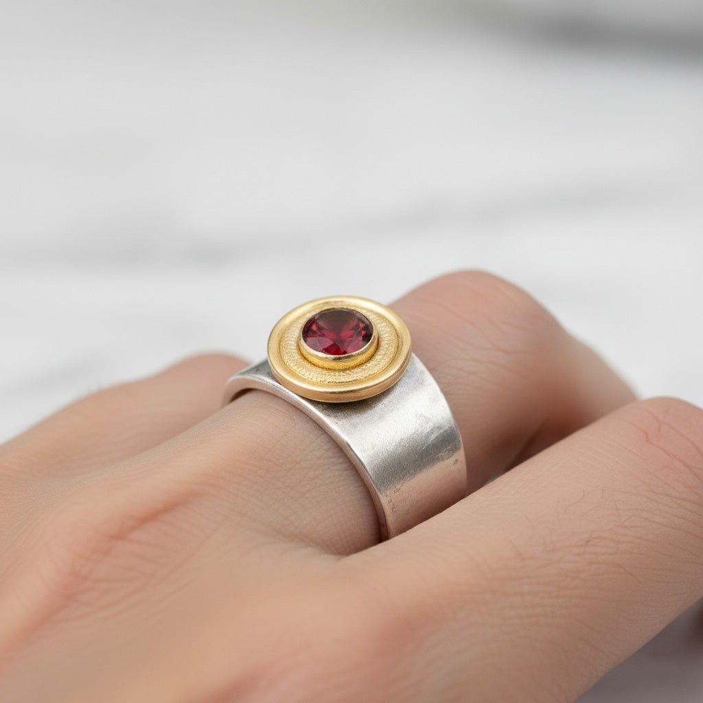 Textured Halo Garnet Ring - Rings