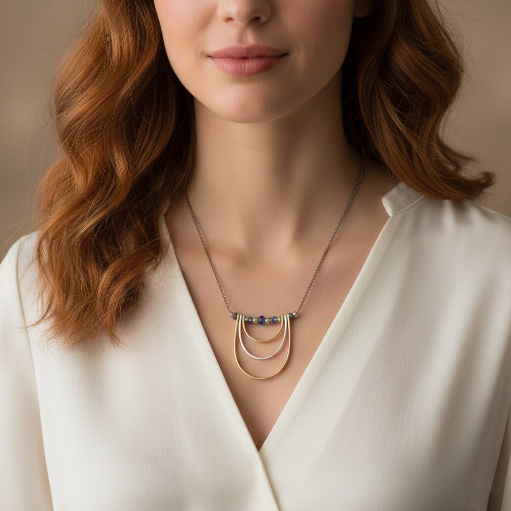 Triple Arc Gemstone Pendant Necklace - Necklaces