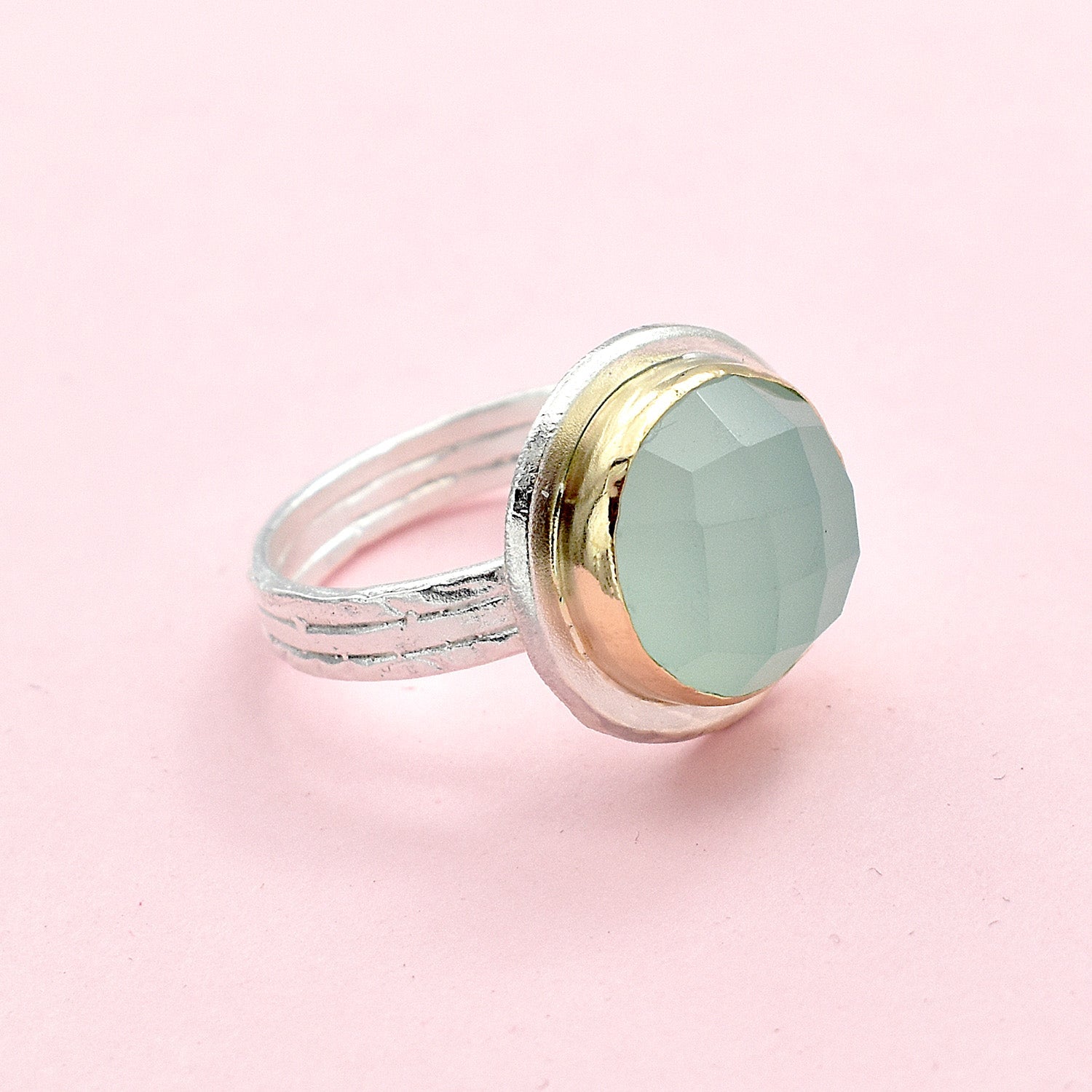 Faceted Round Aqua Chalcedony Ring - Rings